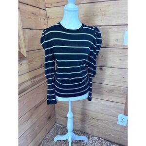 QED London Black White Striped Puff Shoulder Knit Sweater Small